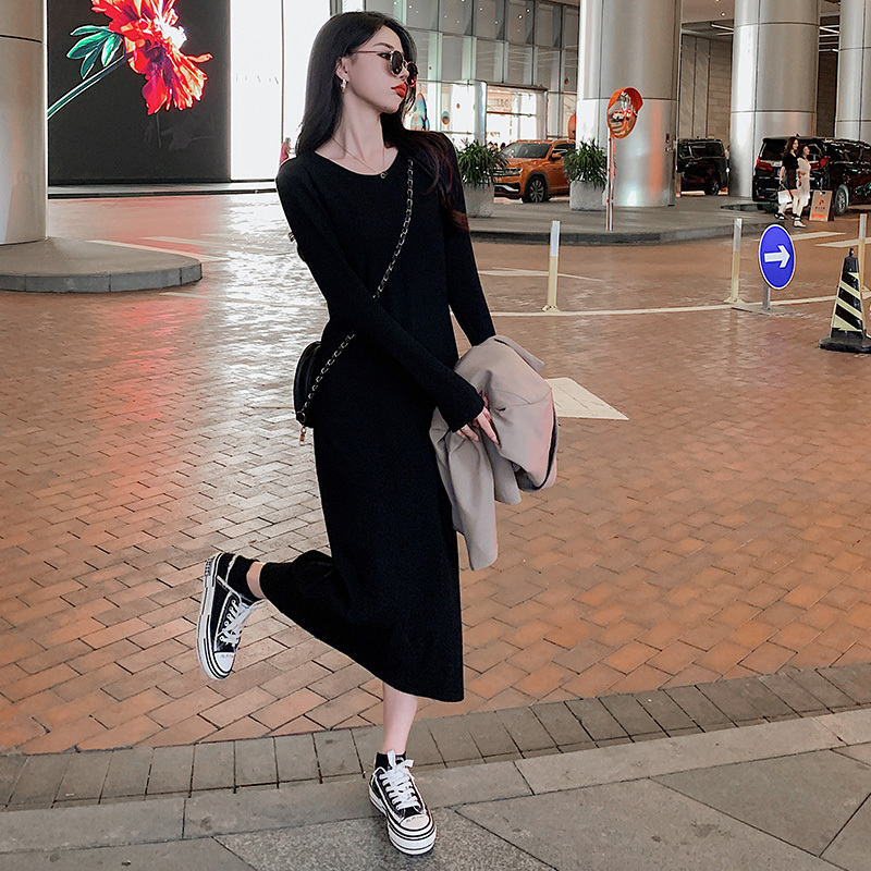 Women's Skirt Autumn and Winter 2025 New Pure Cotton Casual Slimming Plus Size Long-Sleeved Knitted Dress with Inner Lining Skirt