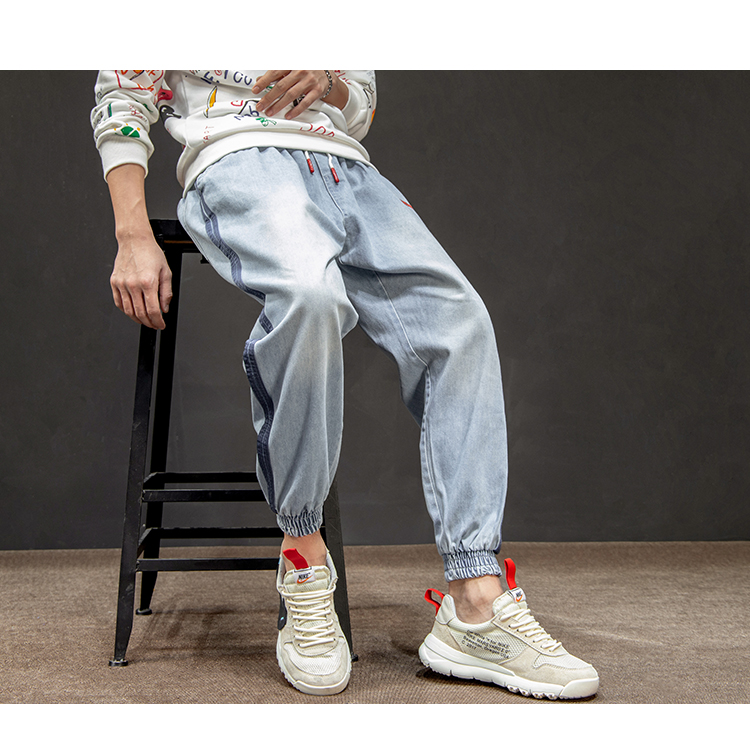 Phong cách đường phố châu Âu và Mỹ hip-hop lỏng lẻo giặt quần jean màu sáng màu thủy triều cậu bé Harlan chân quần yếm quần jean nam đẹp