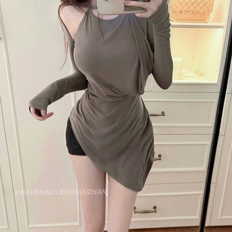 Zhang Yuanying's Same Style Gray Long-Sleeved T-Shirt for Women, Slimming, Irregular, Paper-Thin, Casual Sun-Protective Cover-Up, Waist-Cinching Top