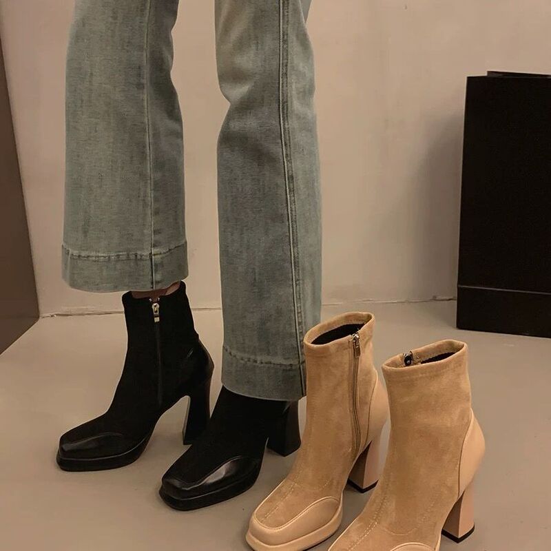 French-Style High-Heeled Women's Elastic Slim Boots for Autumn and Winter, Chunky Heel, Waterproof Platform, Ankle-Length Short Boots for Women French-Style High-Heeled Women's Elastic Slim Boots for Autumn and Winter, Chunky Heel, Waterproof Platform, Ankle-Length Short Boots for Women