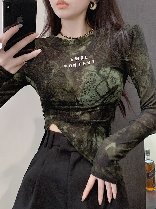 Smudged Mesh Base Shirt, Sun-Protective Long-Sleeved T-Shirt, Women's Cover-Up, Summer Irregular Inner Wear, Short Tie-Dye Hollow-Out Top Smudged Mesh Base Shirt, Sun-Protective Long-Sleeved T-Shirt, Women's Cover-Up, Summer Irregular Inner Wear, Short Tie-Dye Hollow-Out Top