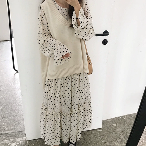 Осеннее платье, лонгслив, брендовая юбка, 2019, в корейском стиле, в западном стиле, французский стиль