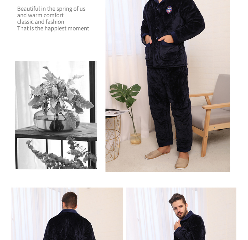 Hàng ngày đặc biệt nam đồ ngủ mùa đông dày ba lớp phù hợp với flannel ấm áp lông cừu dịch vụ nhà bông bộ pijama