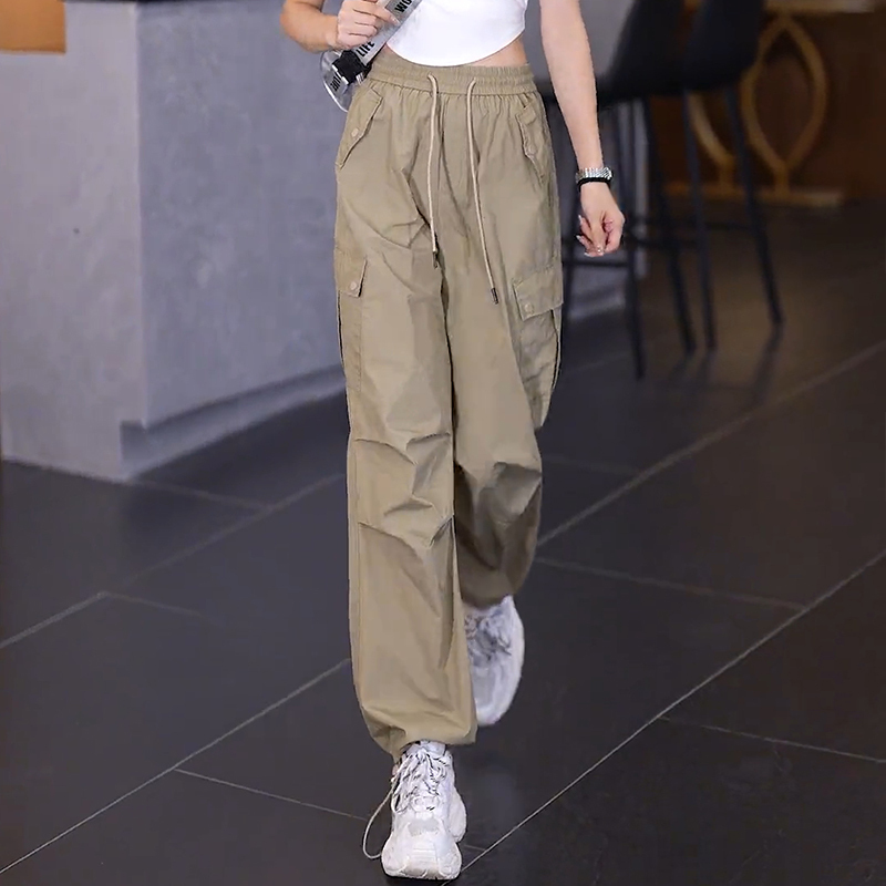 Khaki Vintage Cargo Pants for Women, Summer 2026 New Casual Jogger Pants, High-Waisted Thin American-Style Sports Pants