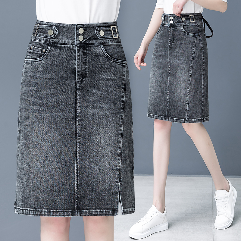 Denim Half Body Dress Woman Spring Autumn Season 2022 New High Waist Middle Long Version A Character Dress Stylish Open Fork Bag Hip Skirt Short Skirt