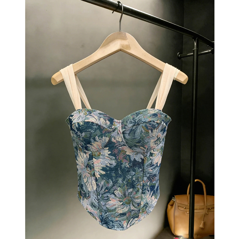 Oil Painting Pastoral Style Floral Camisole for Women, Summer Waist-Cinching Fishbone Bra, Sexy High-End Stunning Top
