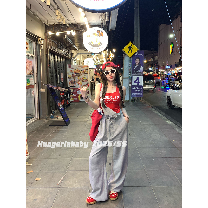 Hungerlababy/26Ss Gray Casual Adjustable Overalls with a Relaxed and Comfortable Feel, Sweatpants