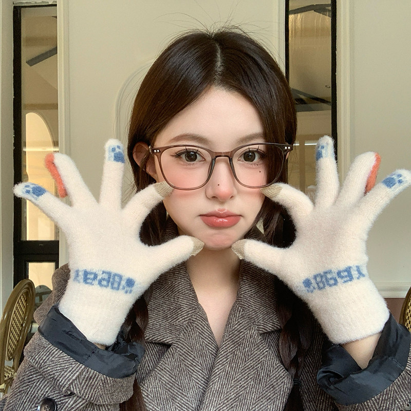 Cute wool gloves for women, autumn and winter, fleece-lined, thick, warm, touchscreen compatible, new style for students, cycling, cold protection.