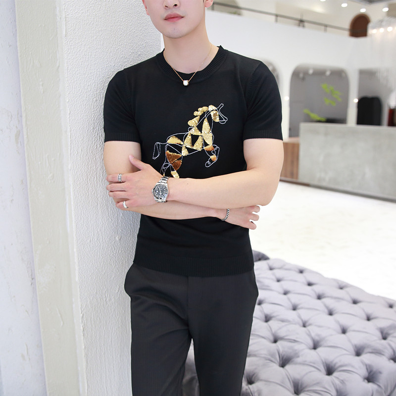 Mùa hè 2019 nam mới Áo thun ngắn tay áo len thêu cá nhân áo len nam Slim Hàn gốc - Cặp đôi áo len áo đôi đẹp