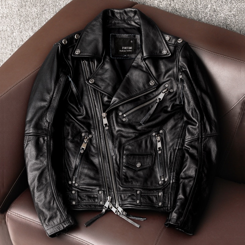 Halei Harley Heavy Motorcycle Clothing, Pure First-Layer Cowhide Leather Jacket, Men's Cycling Clothing, Multi-Zipper Leather Jacket
