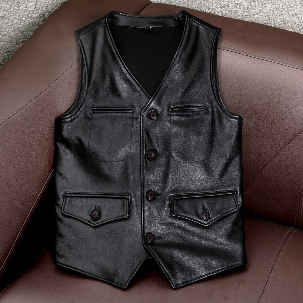 Special Price New Pick Up Leak Head Layer Pure Cow Leather Genuine Leather Waistcoat Short V Collar Leather Vest leather waistcoat Leather Shoulder Casual