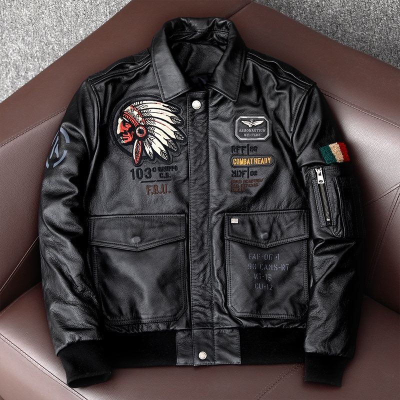 Indian Flight Suit, Genuine First-Layer Cowhide Leather Jacket for Men, Multi-Logo Aviator Leather Jacket, Trendy Outerwear
