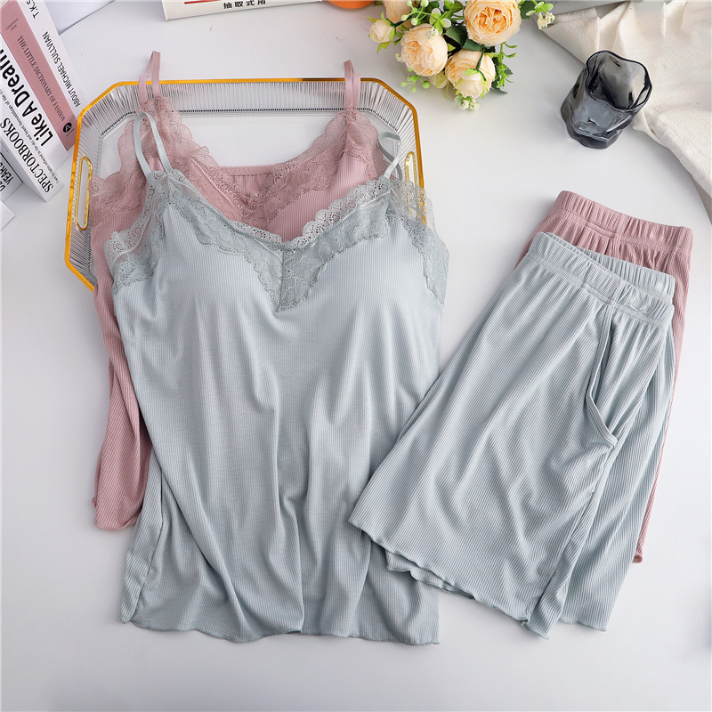 2-Piece Summer Loose Ribbed Modal Ruffled Camisole and Shorts Pajama Set for Women with Integrated Bra 2-Piece Summer Loose Ribbed Modal Ruffled Camisole and Shorts Pajama Set for Women with Integrated Bra