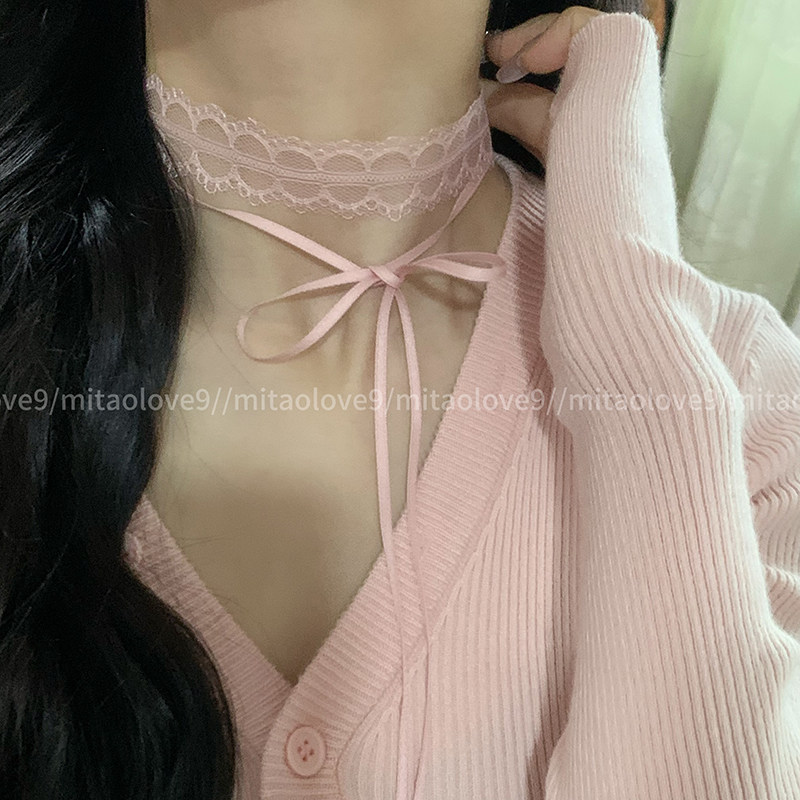 超仙粉色蕾丝choker少女蝴蝶结锁骨项链短款双层颈炼镂空颈带项圈