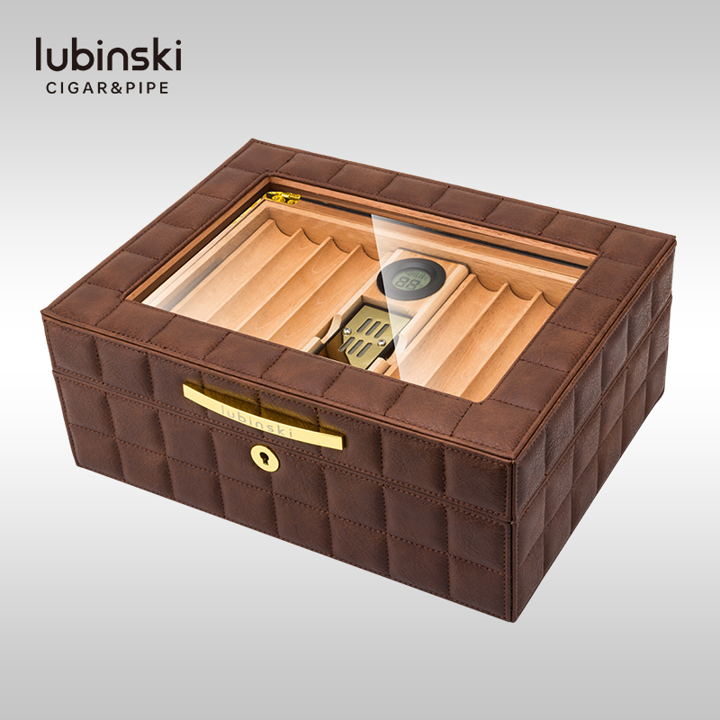Lubinski Cigar Humidor Leather Cedar Wood Snow Insulation Storage Box with Visible Large Capacity for Aging and Maturation