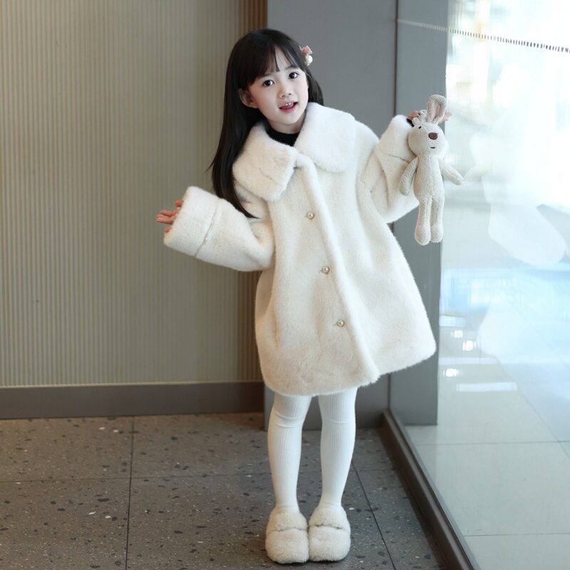 Girls' White Faux Fur Coat with Lapel Collar, Mid-Length Mink-Style Plush Coat, Children's Faux Fur Integrated Coat