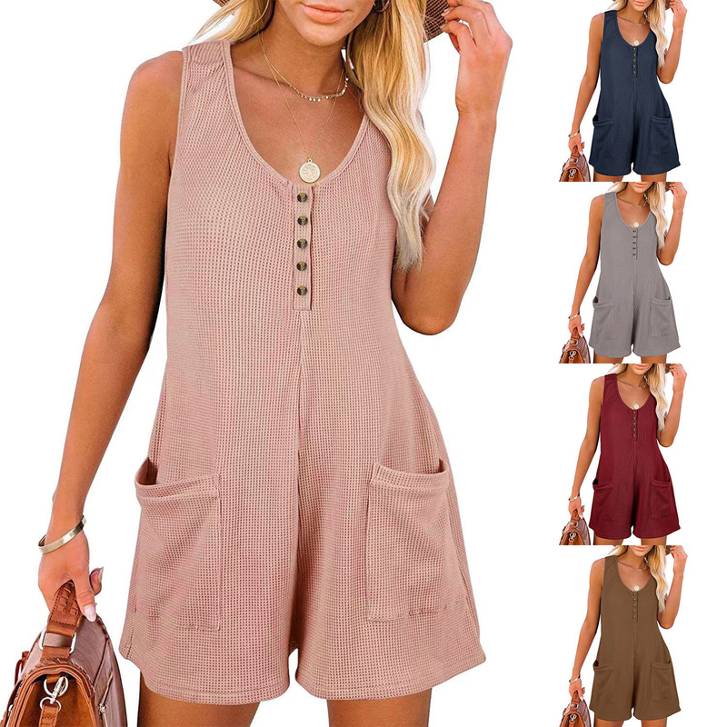 European and American Cross-Border Export Trendy Summer Women's Loose Jumpsuit Sleeveless Casual Vest Buttoned Romper Plus Size for Chubby Women