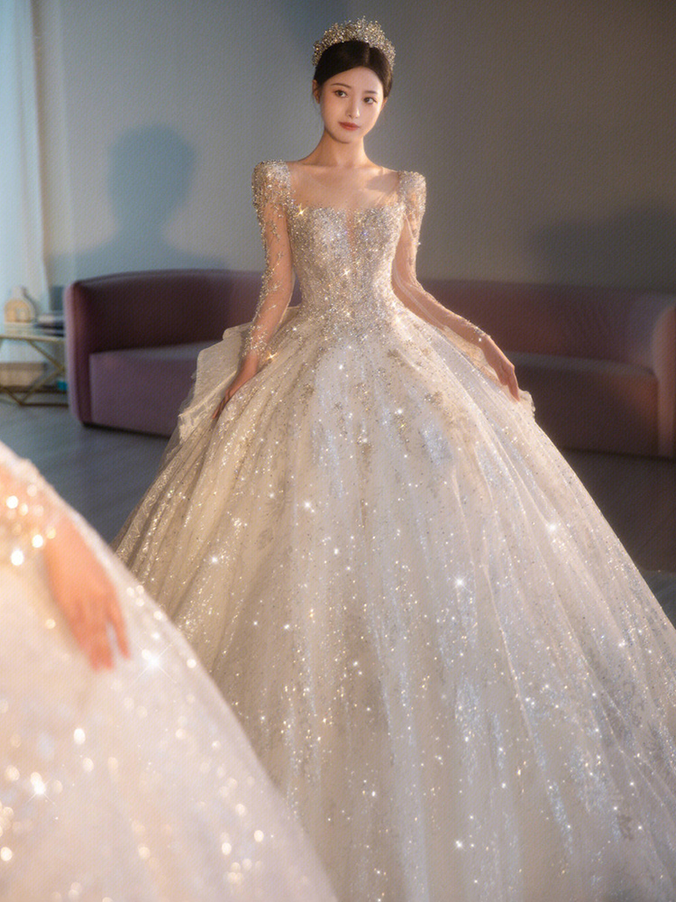 Long -sleeved light wedding dress 2024 new main yarn heavy industry French pregnant woman large size small, high -end texture trailer tail Long -sleeved light wedding dress 2024 new main yarn heavy industry French pregnant woman large size small, high -end texture trailer tail