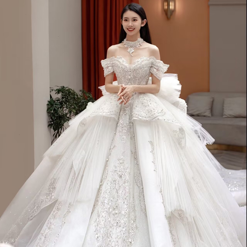Heavy-Duty Wedding Dress 2026 New Style Bridal Main Dress Off-Shoulder Petite Pregnant Women Plus Size French High-End Texture Light Luxury