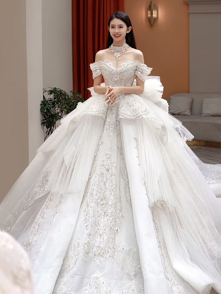 Advanced wedding dress for pregnant, open shoulders, suitable for teen, plus size, french style, high-end
