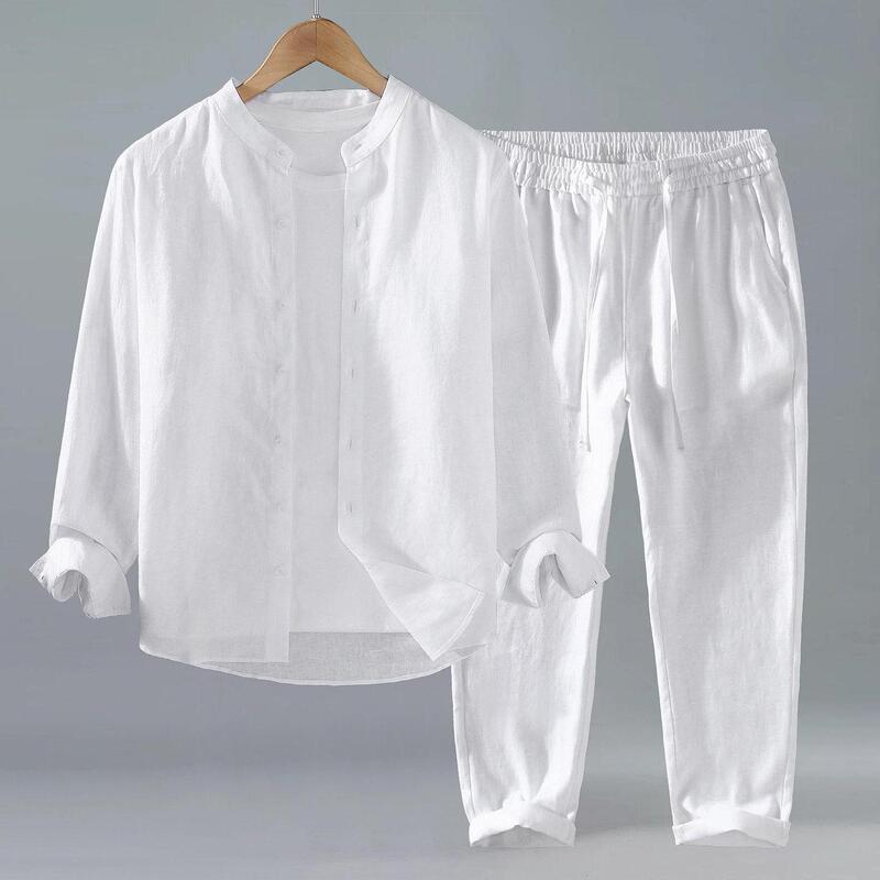 High-End Linen Suit with Chinese Style for Men, Two-Piece Set, Thin Long-Sleeved Shirt, Relaxed Fit, Cotton-Linen Material, Long Pants for Men