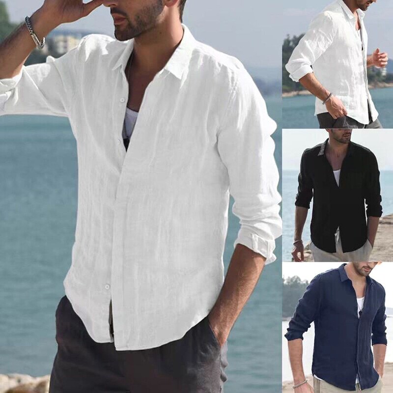 American Retro Cotton and Linen White Shirt Men's High-End Slim Long-Sleeved Sun Protection Clothing Linen Breathable Work Shirt