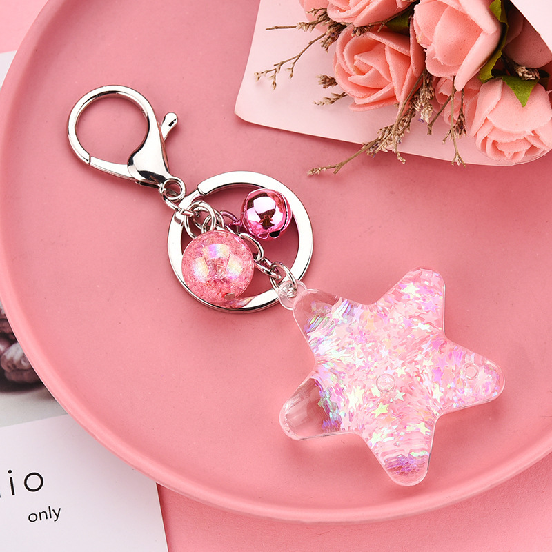 Korean Style Trendy Acrylic Five-Pointed Star Keychain with Oil-Filled Flowing Sequins and Quicksand, Bag Accessory, Yiwu Trinkets