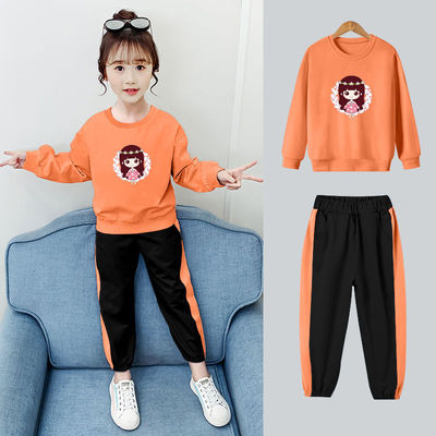 卡通儿童套装2021新款童装女童卫衣棉质长袖T恤中大童运动两件套