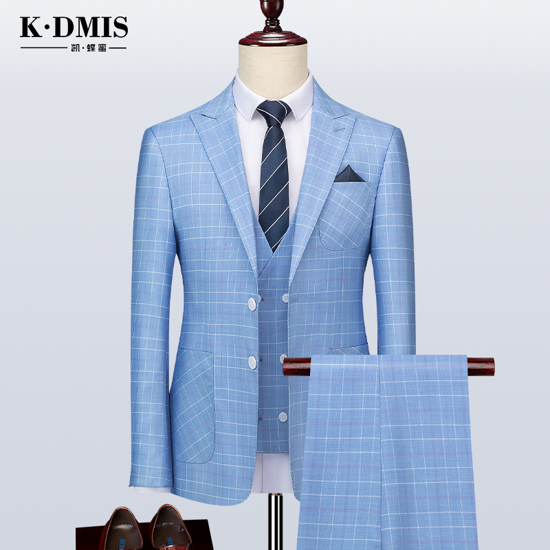 Light blue plaid suit suit Male casual host slim wedding groom suit Korean version handsome British style