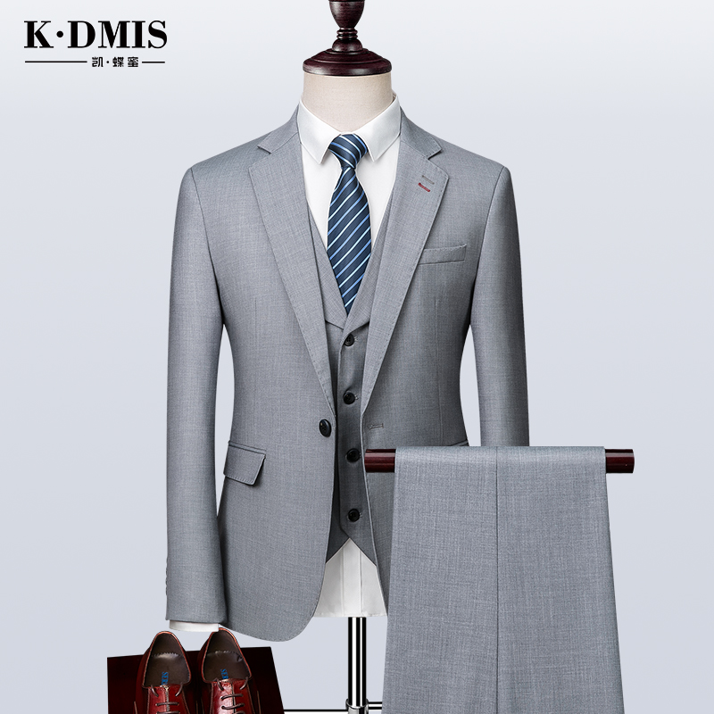 Light gray suit three-piece suit men's casual British style professional business formal slim suit Korean version handsome