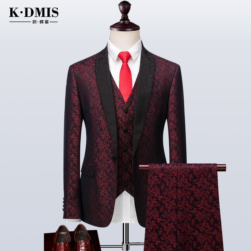 Red Printed West Suit Suit Men's Groom Han's Version Wedding Season Business Positive Dress Suit Handsome and Casual Repairs