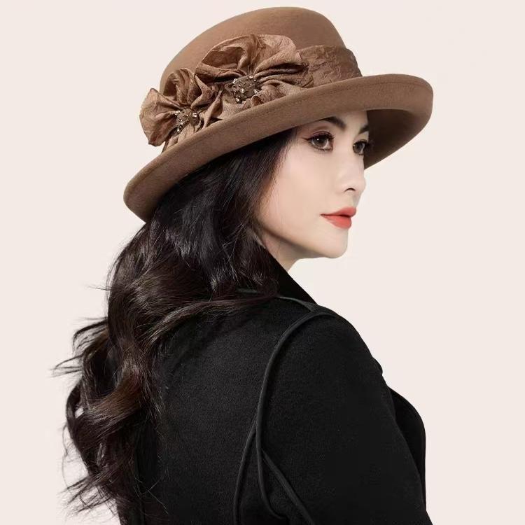 Autumn and Winter Wool Hats for Women, New Wool Felt Hats, Fashionable Floral Bucket Hats, Elegant Lady Woolen Fisherman Hats for Women