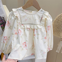 Girls floral shirt 2024 spring new childrens clothing childrens fashionable baby white ruffled doll shirt top