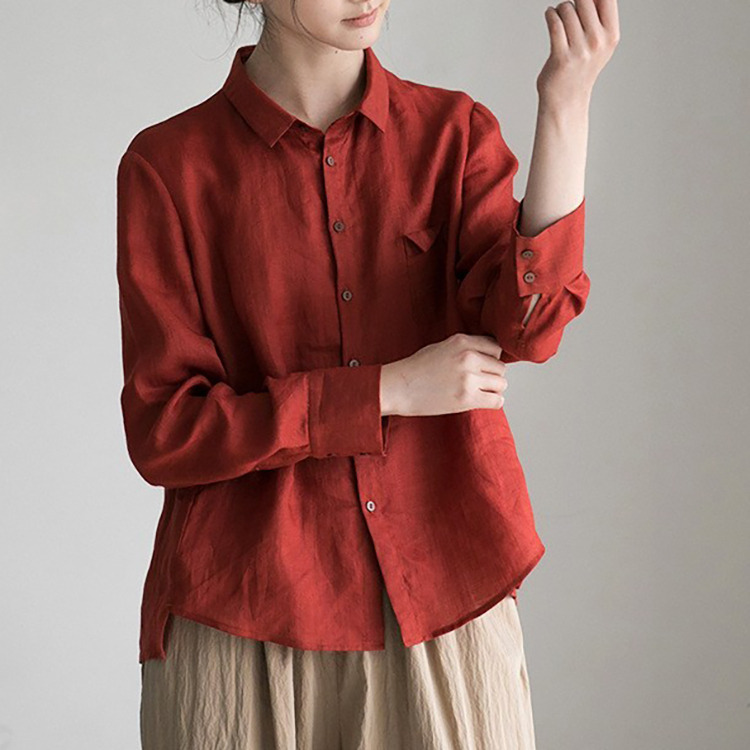 2026 Single-Breasted Long-Sleeve Linen Shirt Casual Small Lapel Vintage Red Shirt for Women with Unique Design for Spring and Autumn 2026 Single-Breasted Long-Sleeve Linen Shirt Casual Small Lapel Vintage Red Shirt for Women with Unique Design for Spring and Autumn