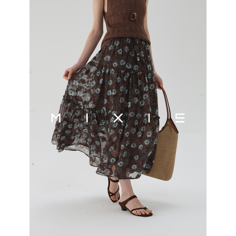 Mixie French Retro Rose Print Skirt High-Waisted A-Line Floral Long Skirt Women's Summer Slimming Skirt