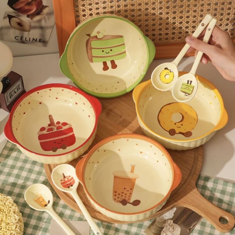 7.5inch Cute Hand-Painted Ceramic Bowls with Underglaze Colors, Suitable for Home Use, Salad Bowls, Tt