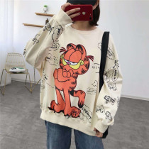  bluetree Korean version of Manyin Garfield loose terry pure cotton pullover round neck sweater plus size top