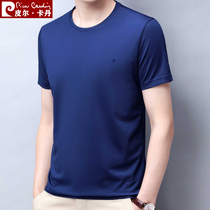 Pilkadan short-sleeved t-shirt mens solid color round neck mulberry silk middle-aged loose casual ice silk summer mens navy blue