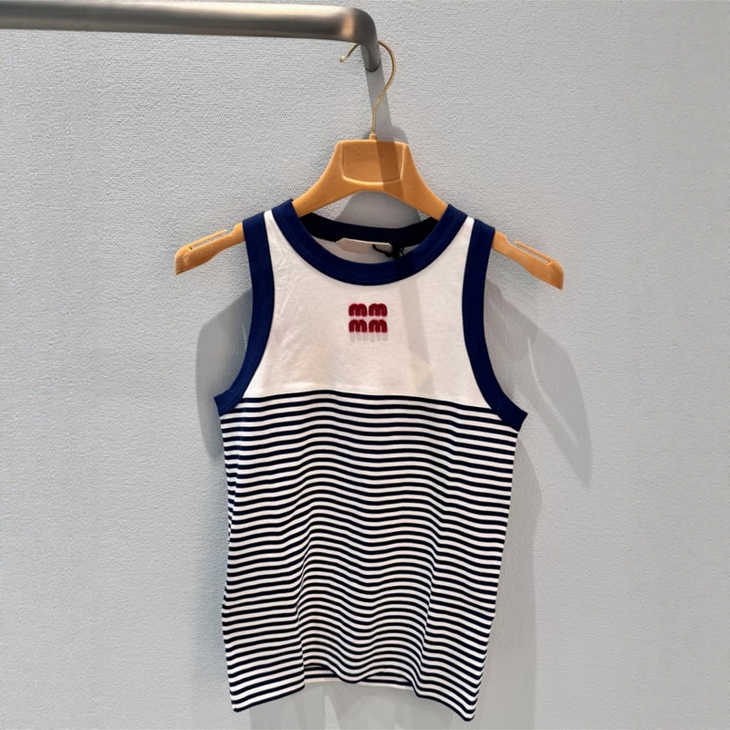 Manella Haute Couture 25 Summer New Letter Embroidery Logo Color-Block Striped Knit Vest Sleeveless Top for Women