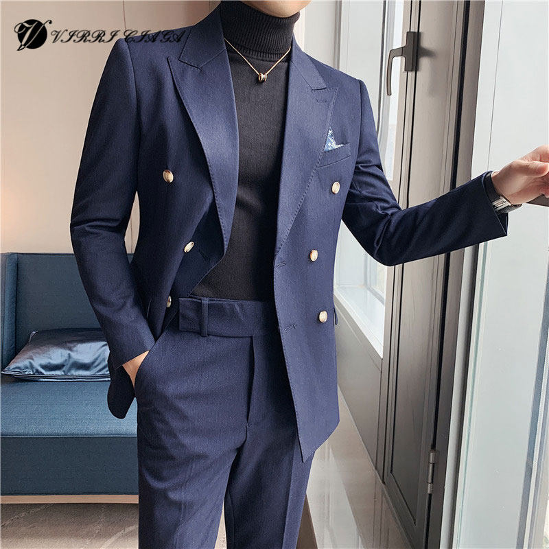 Men's suit dress wedding dress autumn new British wind Han edition repair double-row clothing two tide