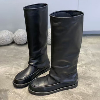 European Style 2025 New Booties with Flat Soles, Unique Design, Stacked Boots, Genuine Leather, Fashion, Chanel-Style Long Boots for Women