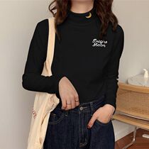 High collar plus velvet thick warm base shirt Women autumn and winter long sleeve moon embroidery cotton T-shirt Korean student top