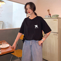 Short sleeve T-shirt female ins tide 2019 summer new Korean version loose fat mm harbor style large size heart machine women half sleeve top