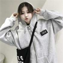 Lazy wind zipper cec coat women plus velvet padded loose Korean hooded 2019 new autumn winter ins tide