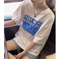 South Korean teen girl 2021 Summer round collar made old color letter short sleeve T-shirt female loose with 100 lap blouses