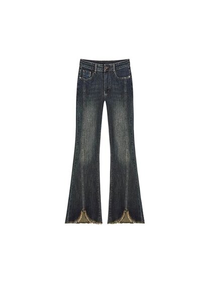 梨形身材毛边微喇牛仔裤女春秋大码胖mm高腰遮胯显瘦弹力直筒裤子