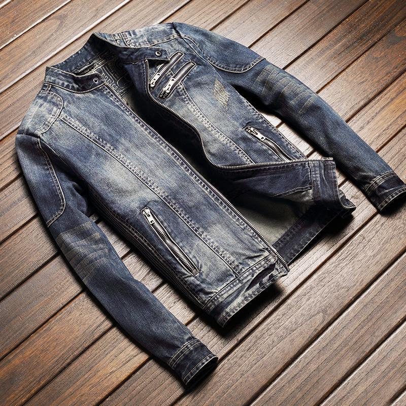 Spring and Autumn Denim Jacket for Men, Slim Fit, Trendy Stand Collar Biker Jacket, Student Casual Denim Coat, Men's Denim Jacket