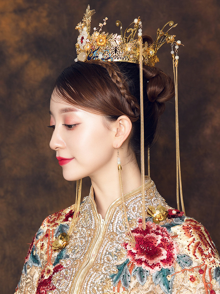 Xiuhe clothing atmospheric phoenix crown headdress new bride wedding Chinese costume accessories Dragon and phoenix hanging toast wedding jewelry