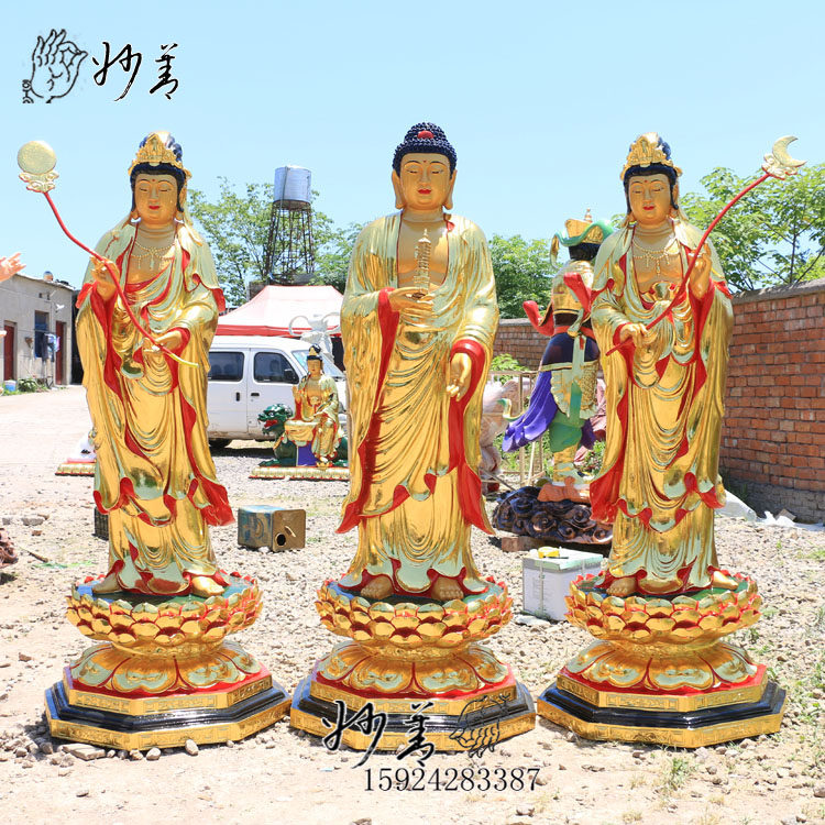 1 6m Oriental Three Saints Medicine Buddha Sunlight Moonlight Buddha Fiberglass Resin Buddha Statue with Gold Painted Statue