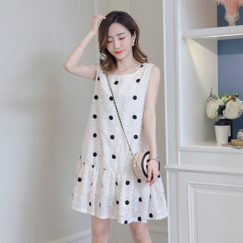 Maternity summer fashion long version a word sundress 2021 new Korean version wave point sleeveless chiffon dress